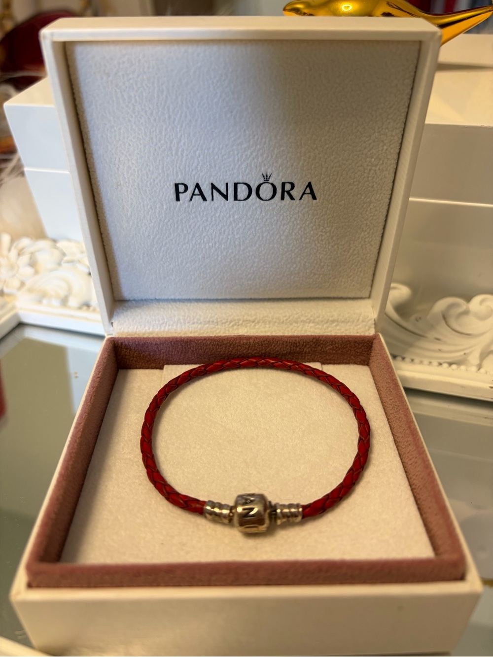 Pandora Red Braided Leather Bracelet with Silver-Tone Logo Clasp